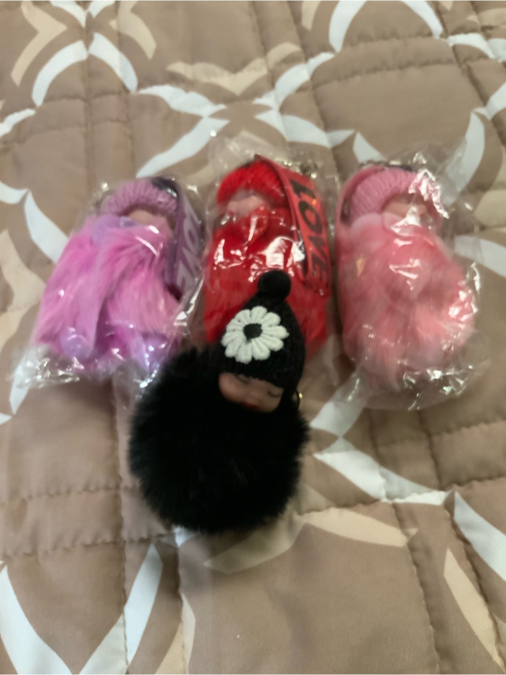 Plush Pom Keychain Charm -  Faux Fur Doll Accent - all 4